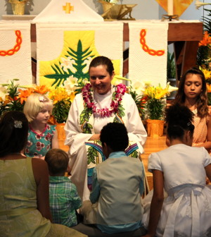 Pastor Angela Freeman during the children's sermon on Easter Sunday