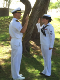 Lindsey Bell being sworn into the Chaplain Candidacy program of the U.S. Navy