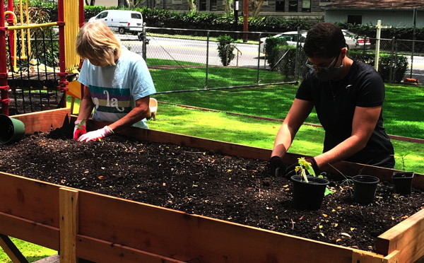 Peggy Anderson and Vicar Bree transplant into the second garden bed