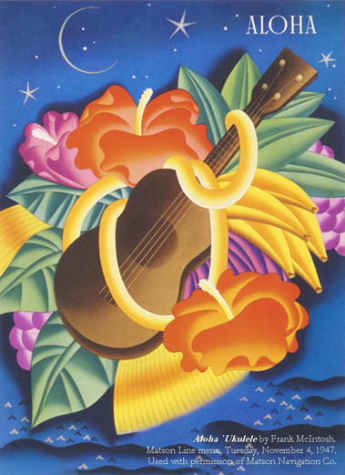 image: Aloha ‘Ukulele by Frank McIntosh, from Matson Navigation menu Nov. 4, 1947, used by permission of Matson Navigation Co.