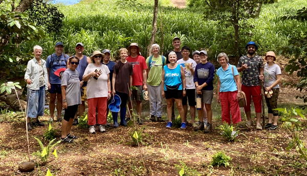 The group looks out at the ferns they had planted.