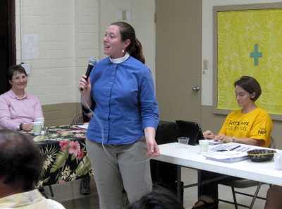 Pastor Angela speaks to the meeting following her election as co-pastor