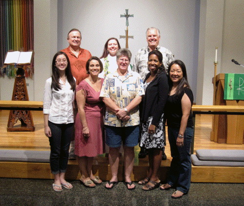 Pastor Angela Freeman (center back) with other members installed during the 8:00 am service: Sophie C., Amanda Lippeert, April Smith, Georgine Stark, Lori Nishimura, Fred Benco, and Craig Clissold.