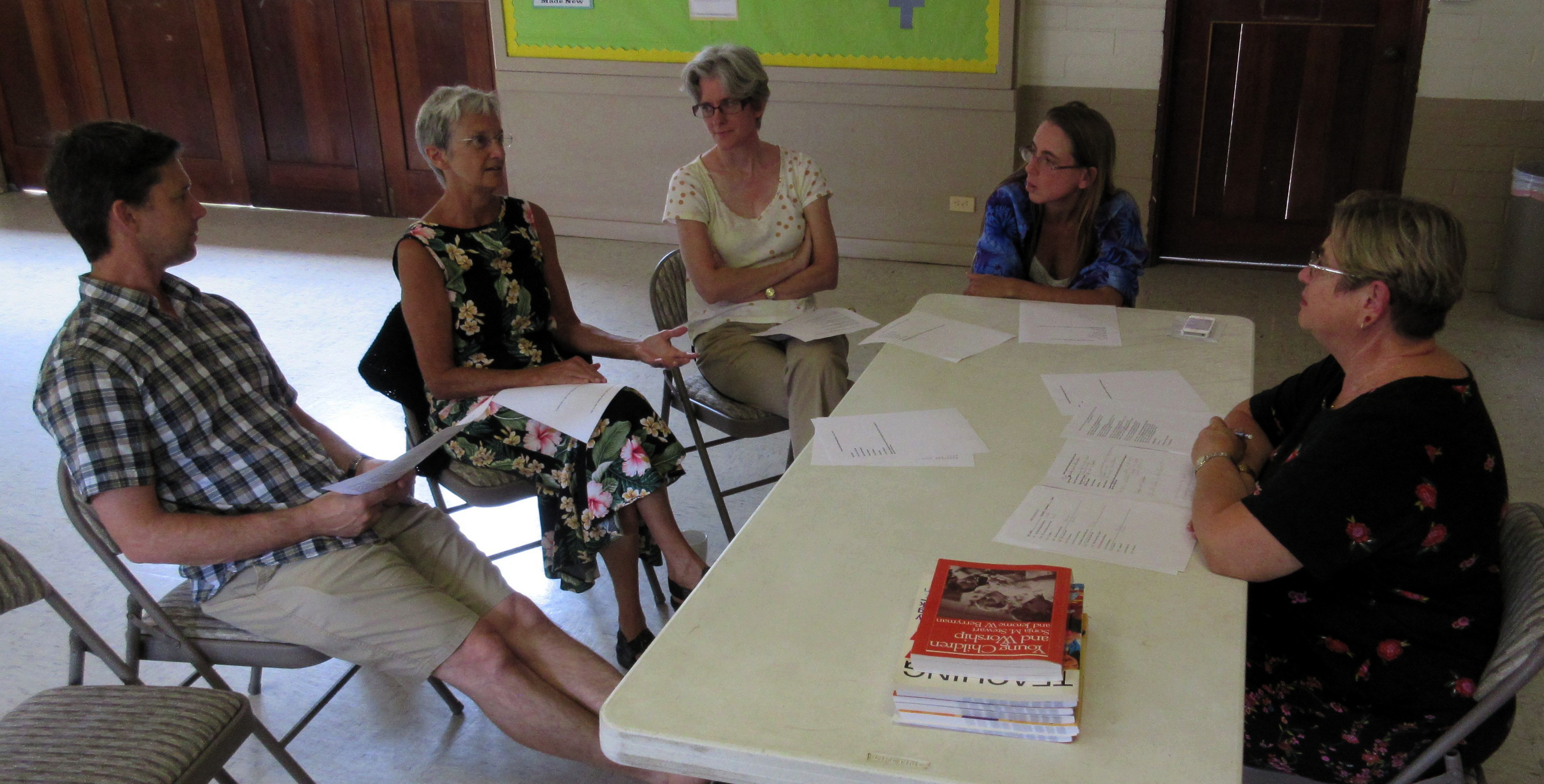 Linda Miller meets with prospective Sunday School teachers to prepare for the new Godly Play curriculum