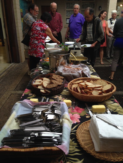 The serving line for Wednesday evening soup and salad suppers.