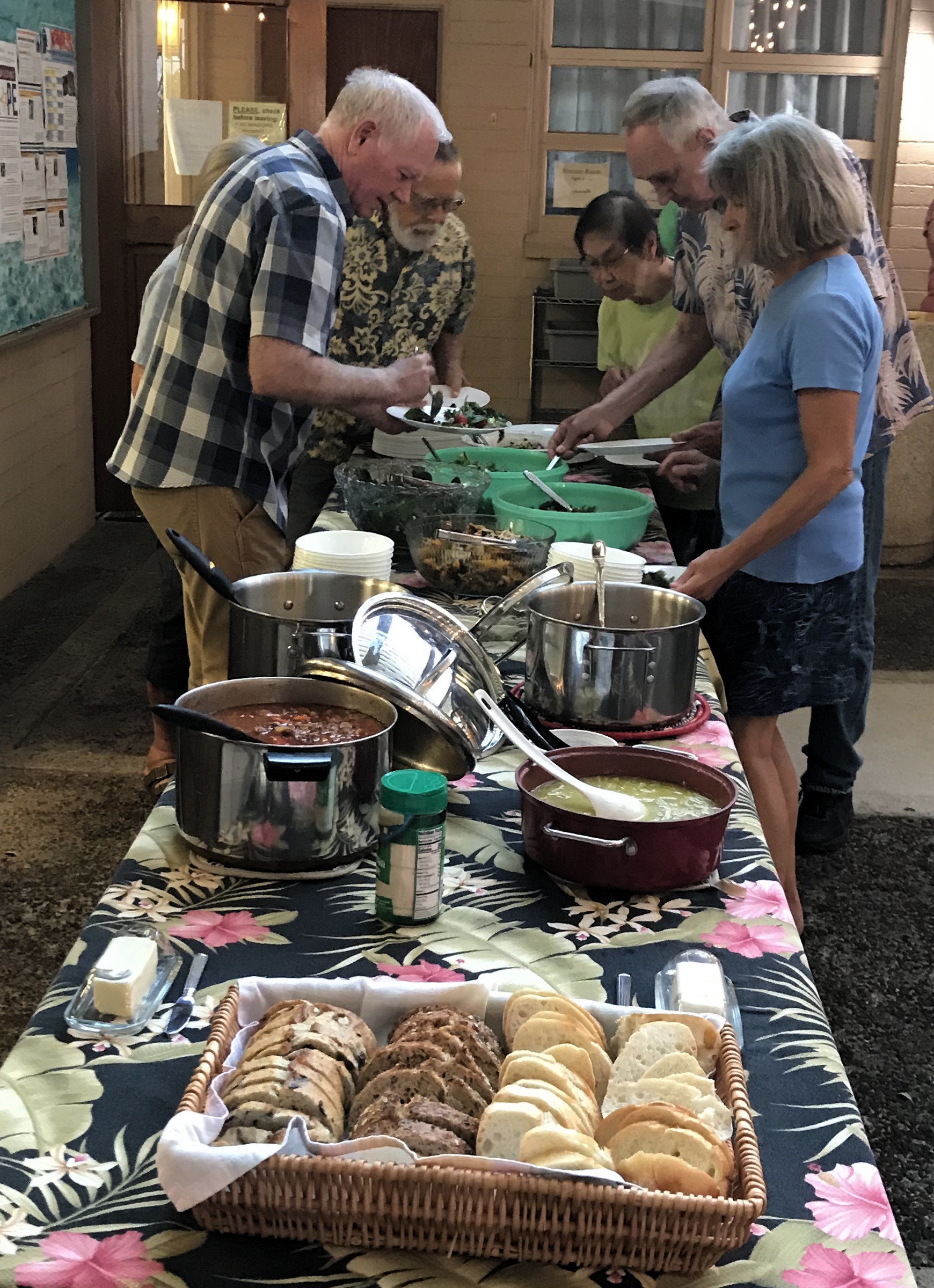 The serving line for Wednesday evening soup and salad suppers.