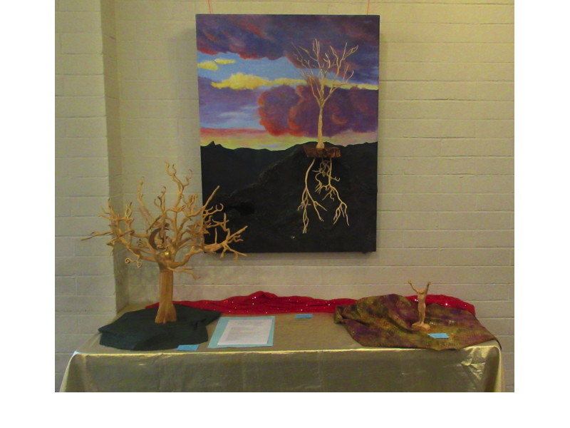 Items Displayed at Faith and Arts Sunday (left to right)—“Tree of Life” (wood, copper, and gold leaf), “Gathering Light from Above and Below” (painting and wood sculpture), and “Like a Tree” (carved wood) by Don Johnson