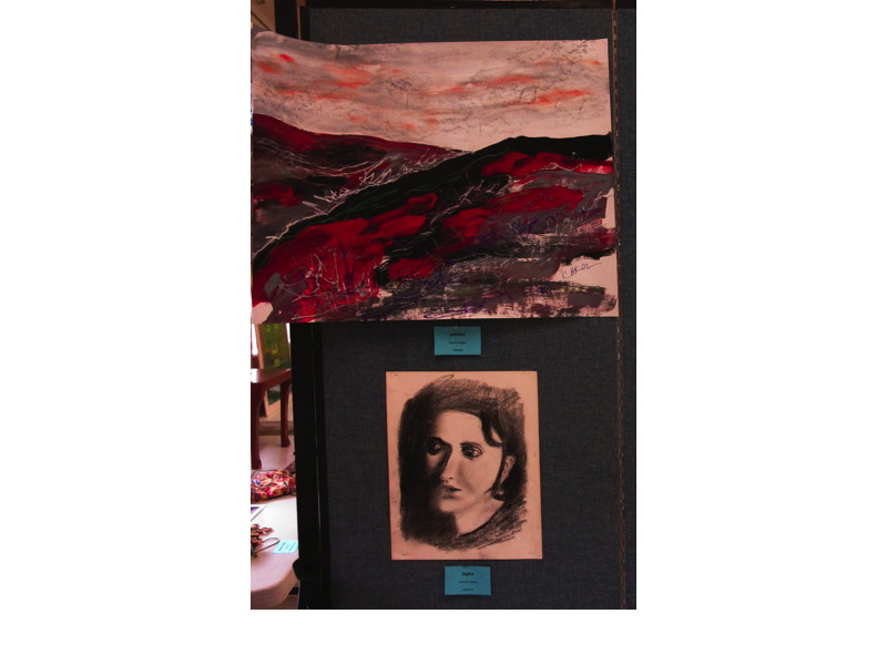 Items Displayed at Faith and Arts Sunday (top to bottom)—“Untitled” (tempera) by Carol Langner; “Sophie” (charcoal) by Fritz Fritschel